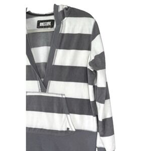 VTG Y2K Striped Hoodie XL Velour Deep V Preppy Retro 90s Urban Streetwear Slim